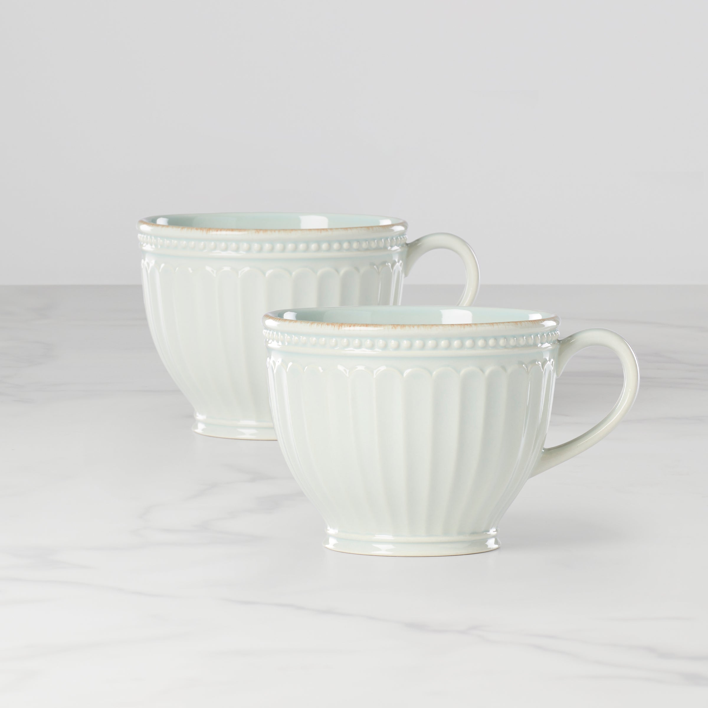 French Perle Groove Blue Latte Mugs   Set of 2