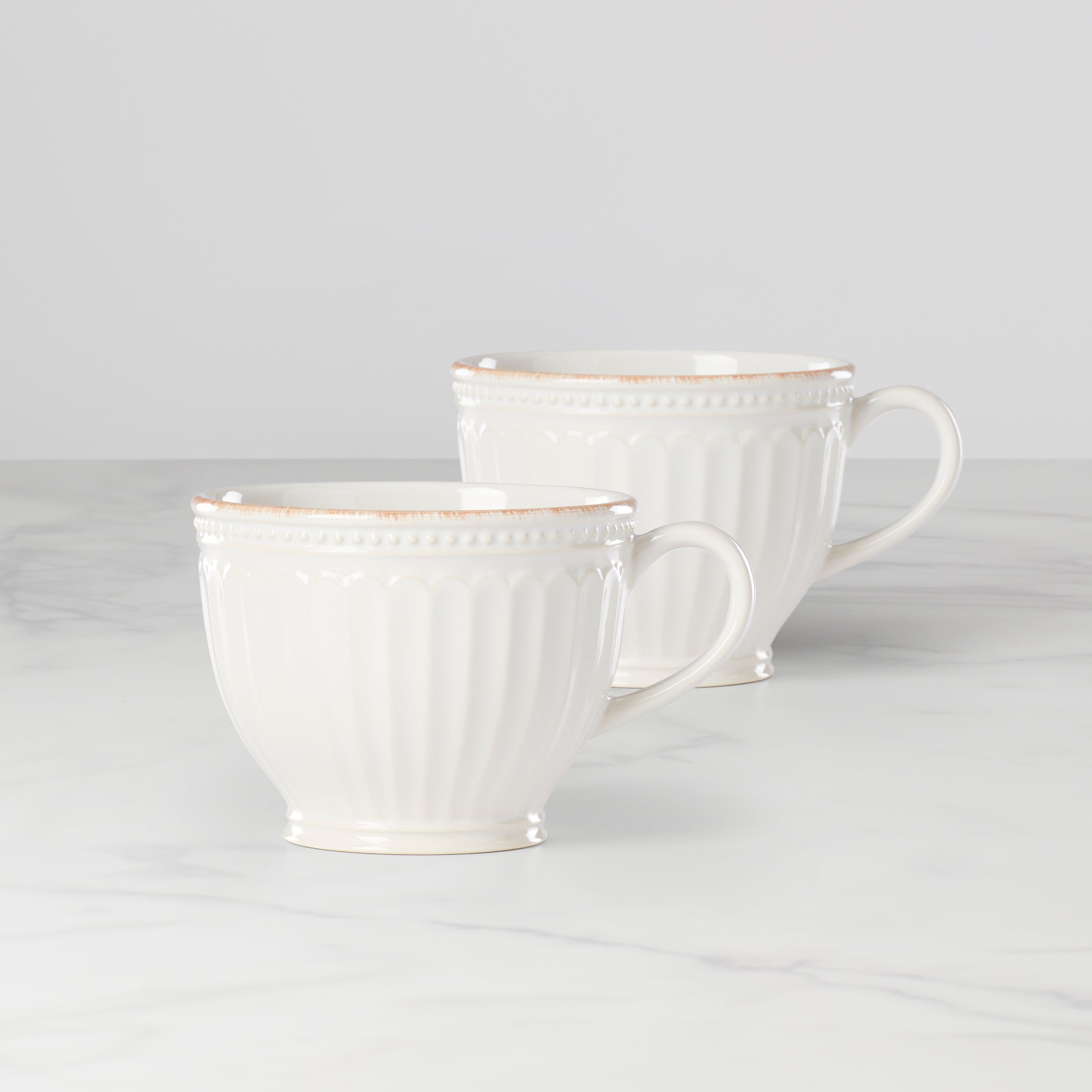 French Perle Groove White Latte Mugs   Set of 2