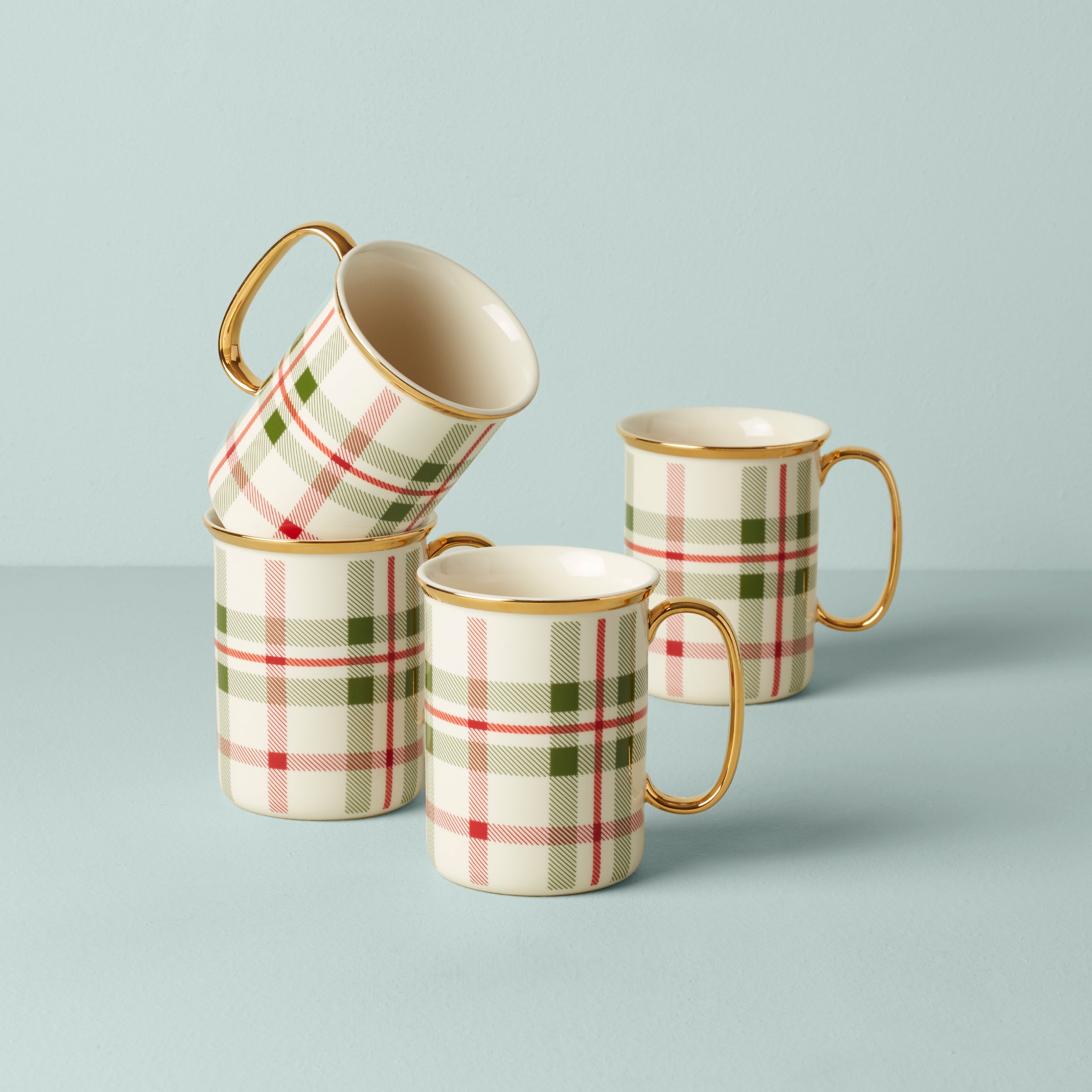 Holiday Plaid Mugs   Set of 4