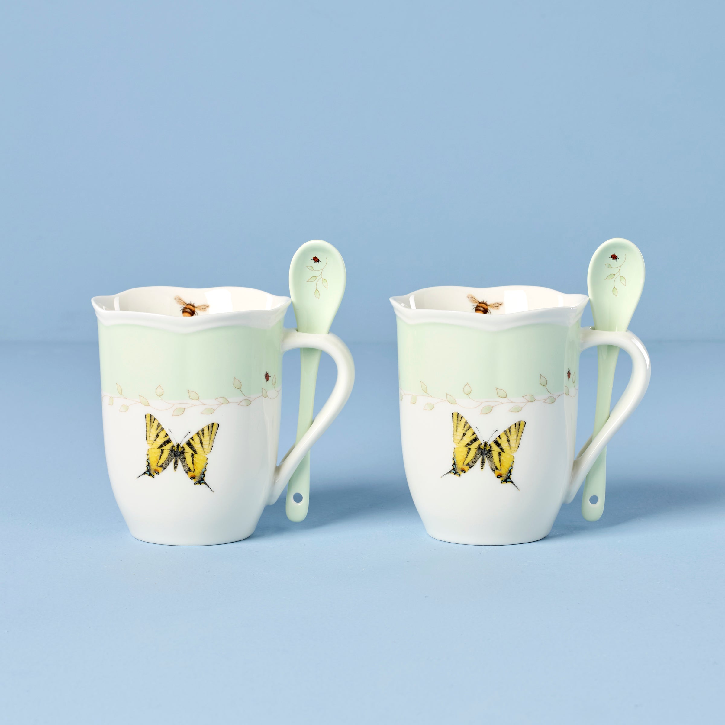 Butterfly Meadow Green Mugs With Spoons Set of 2