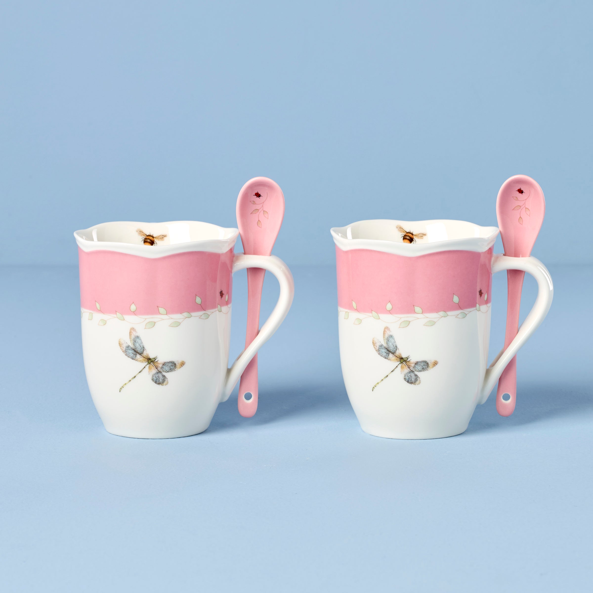 Butterfly Meadow Pink Mugs With Spoons Set of 2