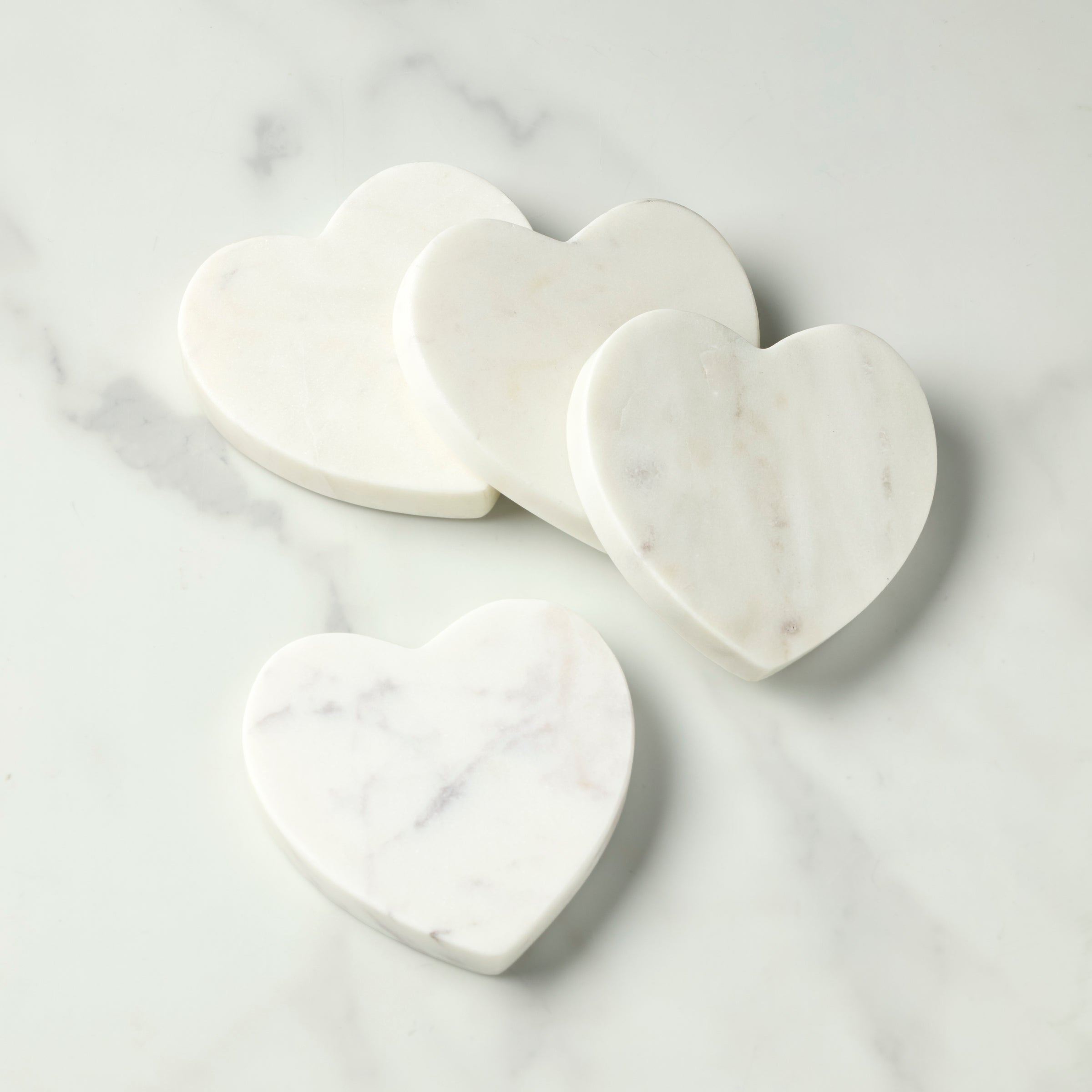 White Marble Heart Coasters   Set Of 4
