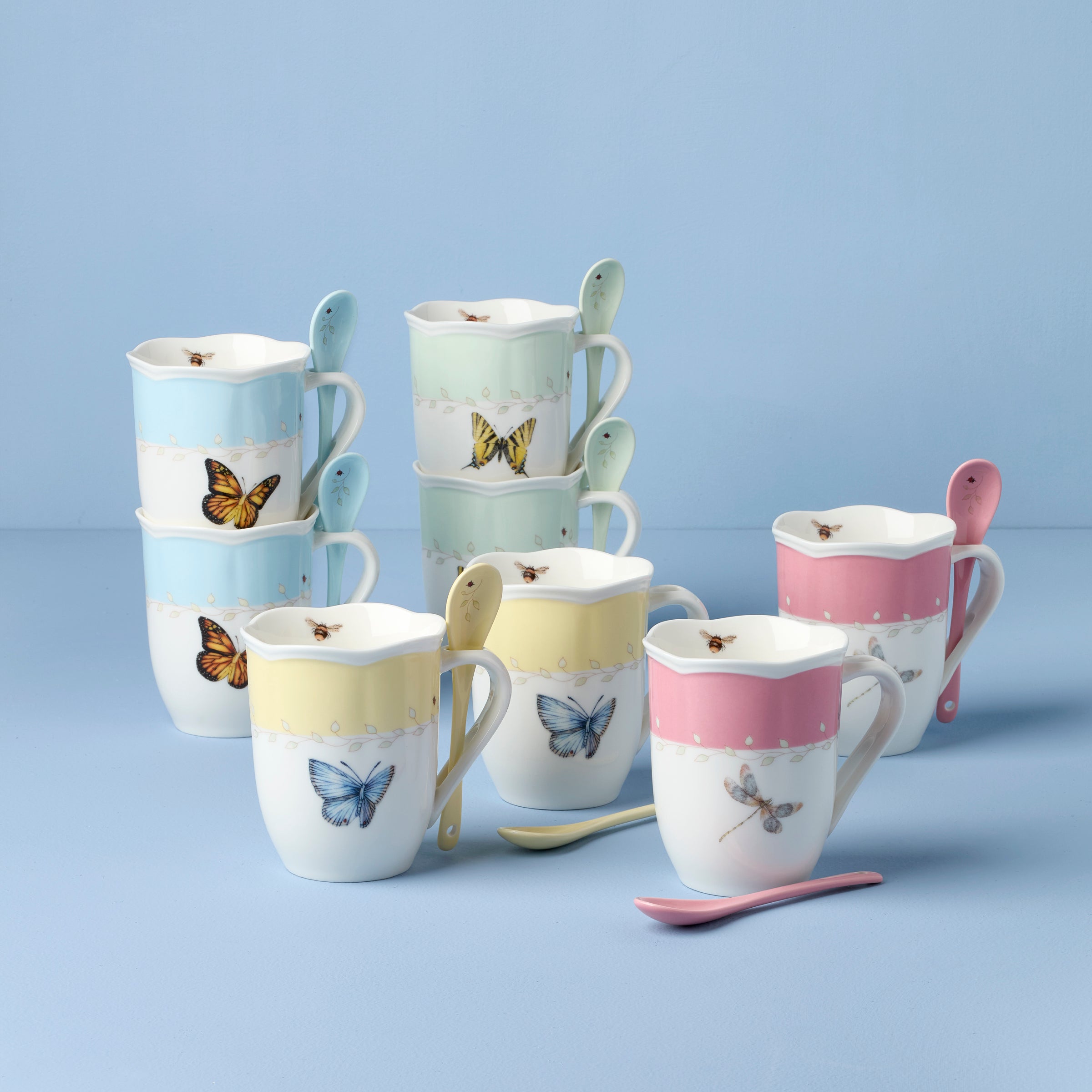 Butterfly Meadow Color Mugs With Spoons   Set of 8