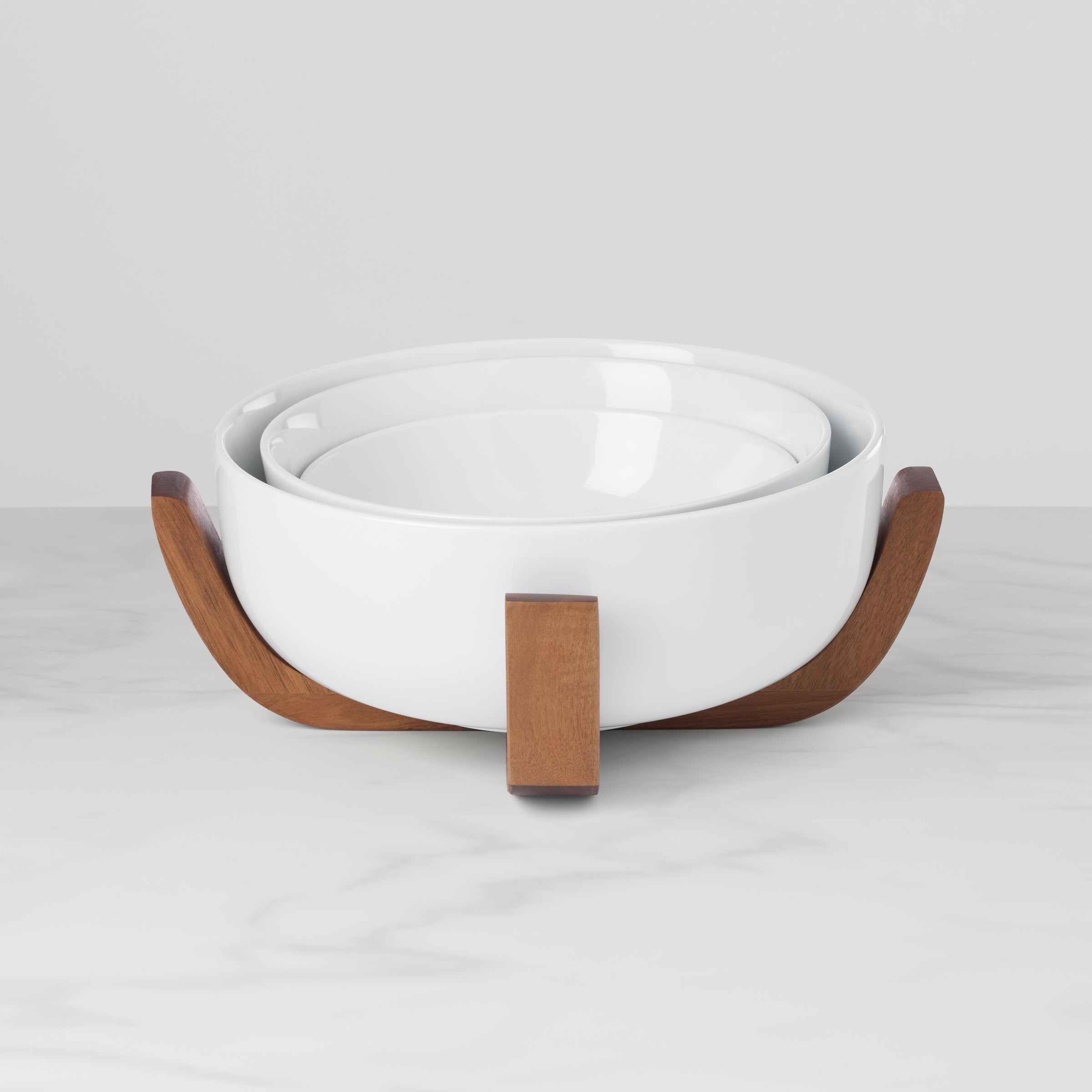 24 Seven White 3 Piece Nesting Bowl Set with Wood Stand