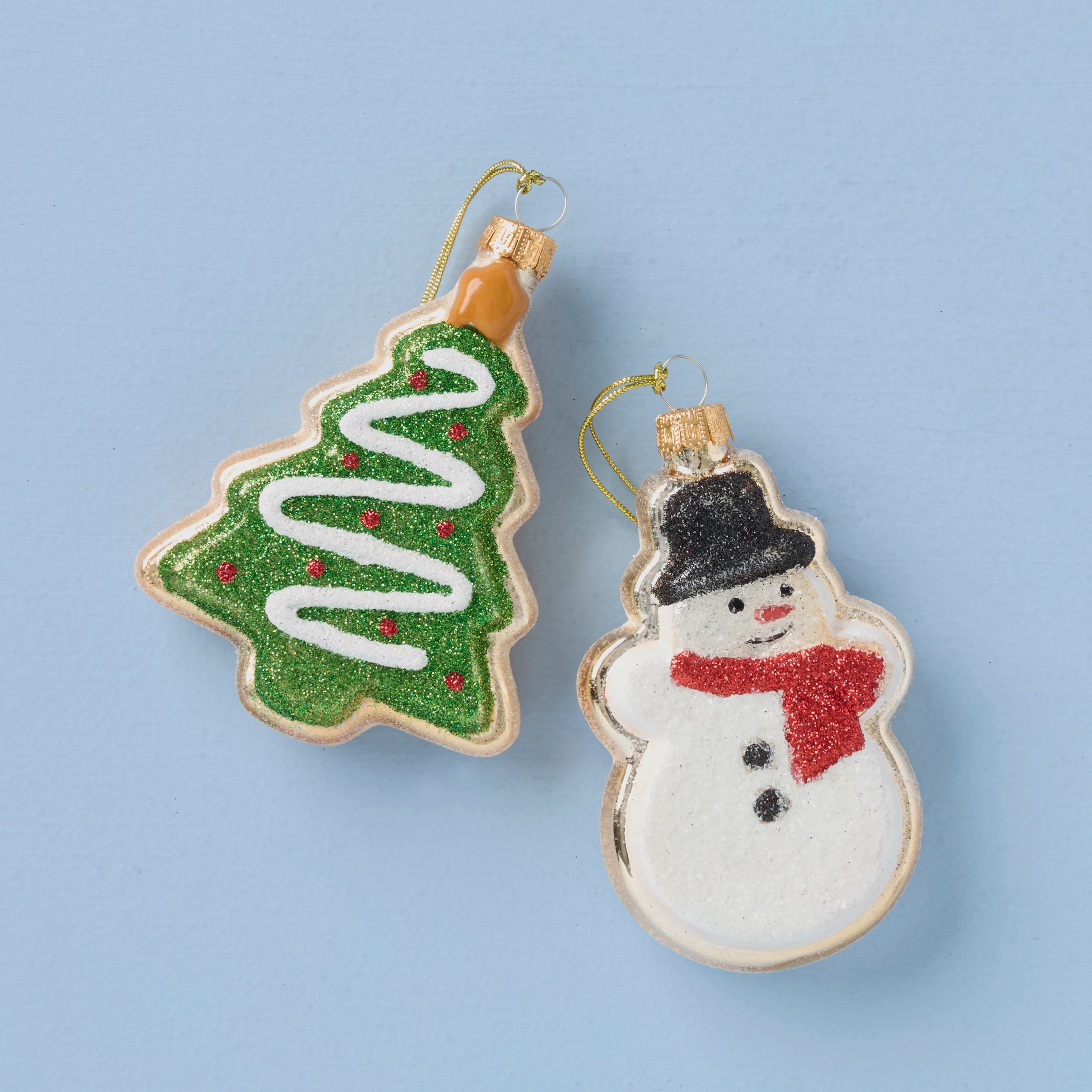 Blown Glass Snowman & Tree Cookie Ornaments 2 Piece Set
