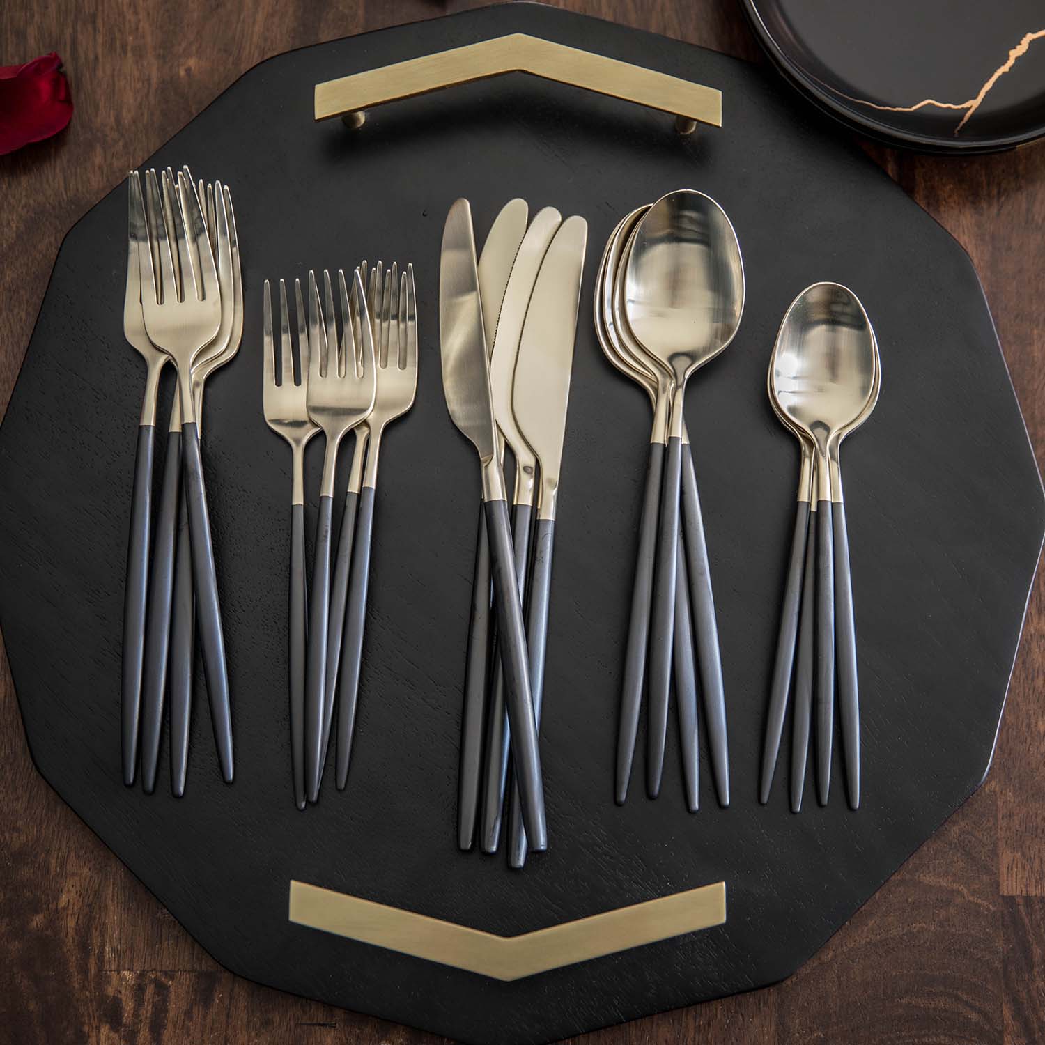 Alternative view of Gaze Black Champagne Satin 20 Piece Flatware Set