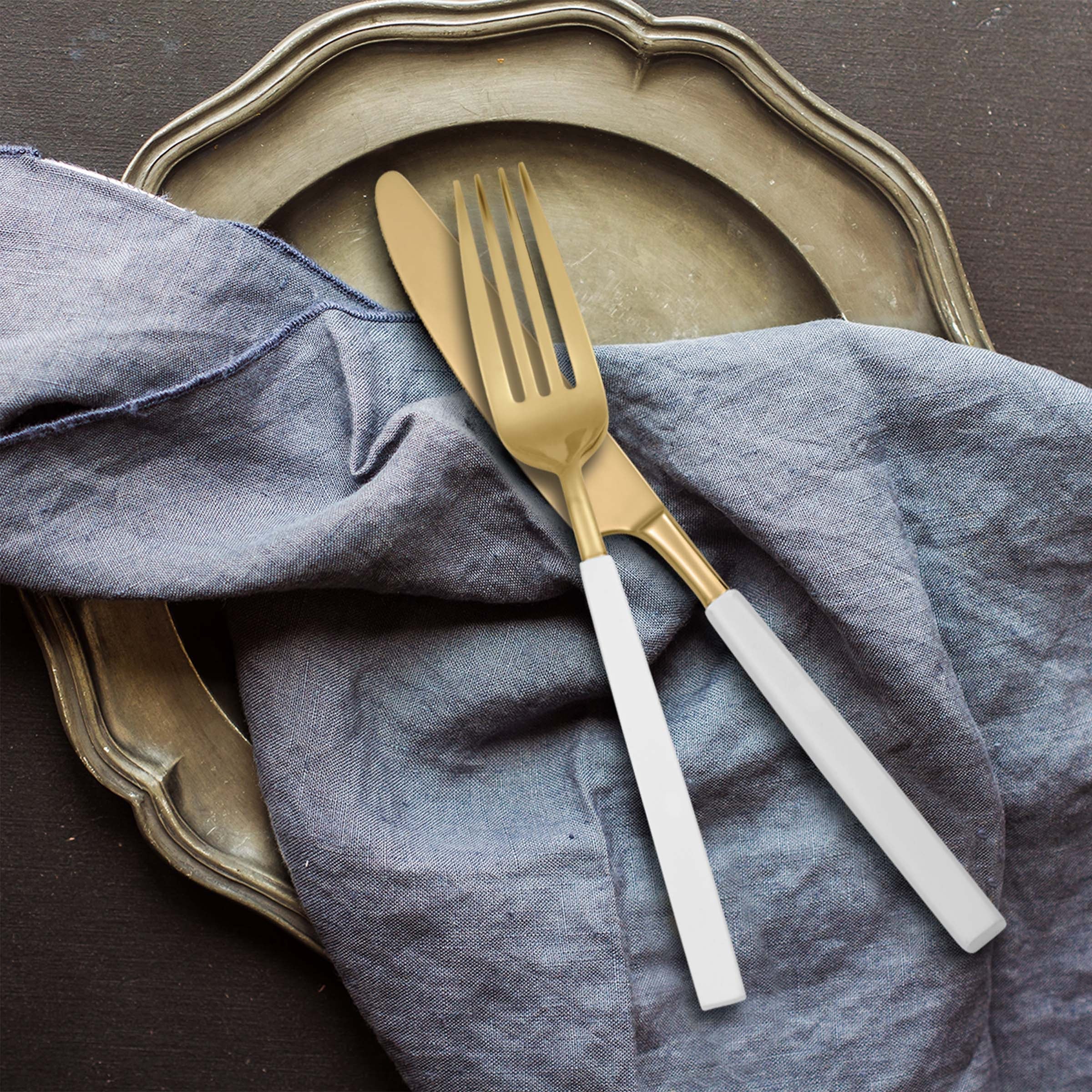 Alternative view of Marion Gold with White Enamel Handle 5 Piece Place Setting